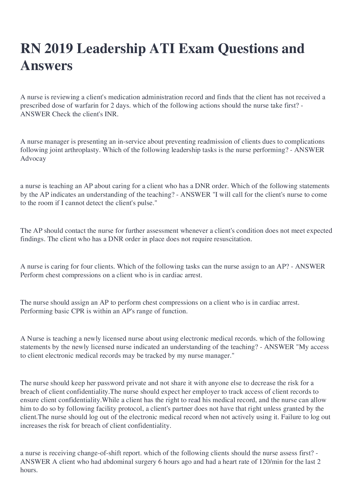 Preview image for RN 2019 Leadership ATI Exam Questions and Answers